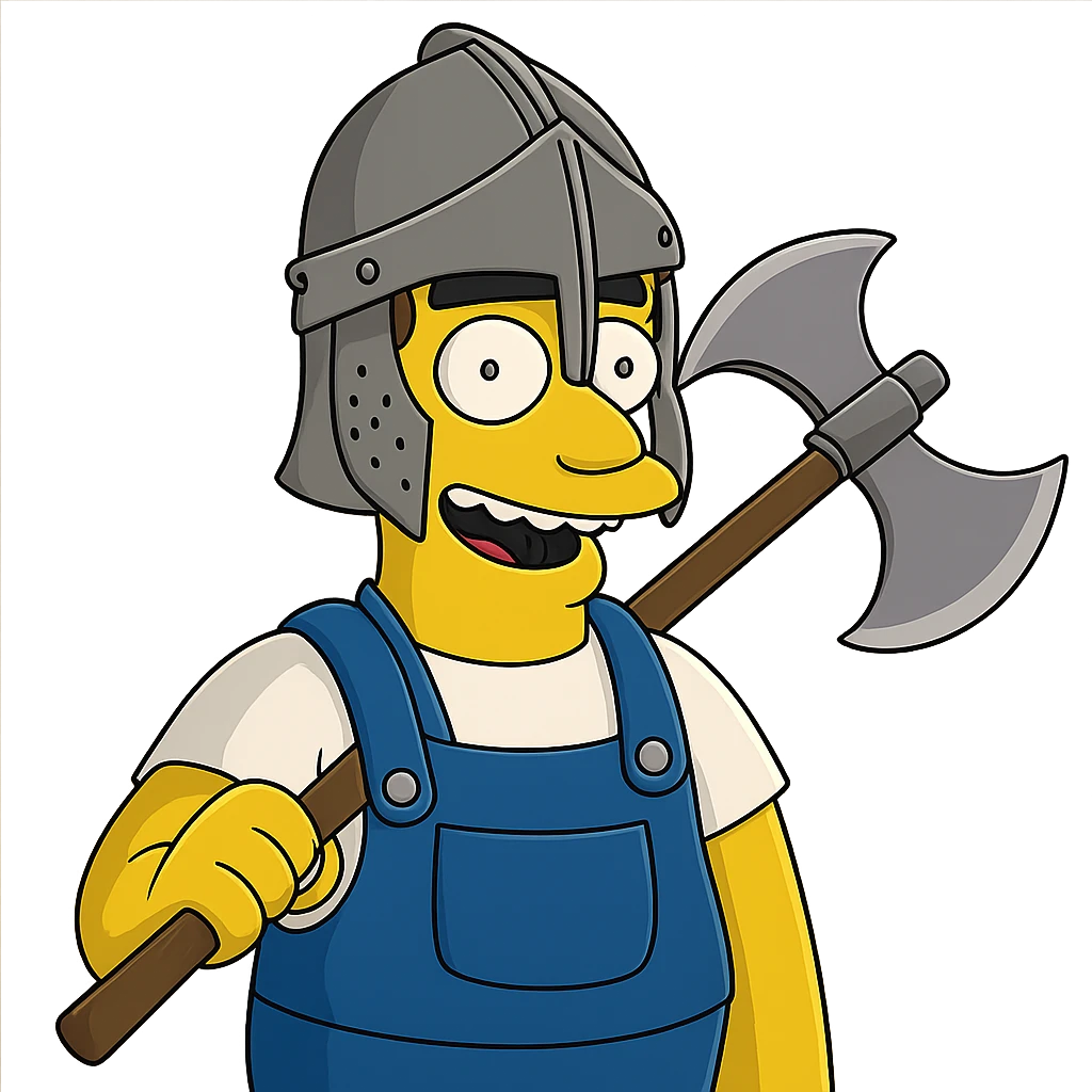 Regenerate the image keeping the same angle, facial expression, clothing, and size proportions of the character, but add a medieval axe and helmet to the hero. Maintain the Simpsons style with a transparent background. emoji