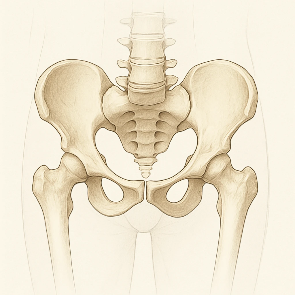 An anatomical illustration of a rotated pelvis in a medical style with a neutral background. The pelvis is highlighted clearly, inspired by the reference image. emoji
