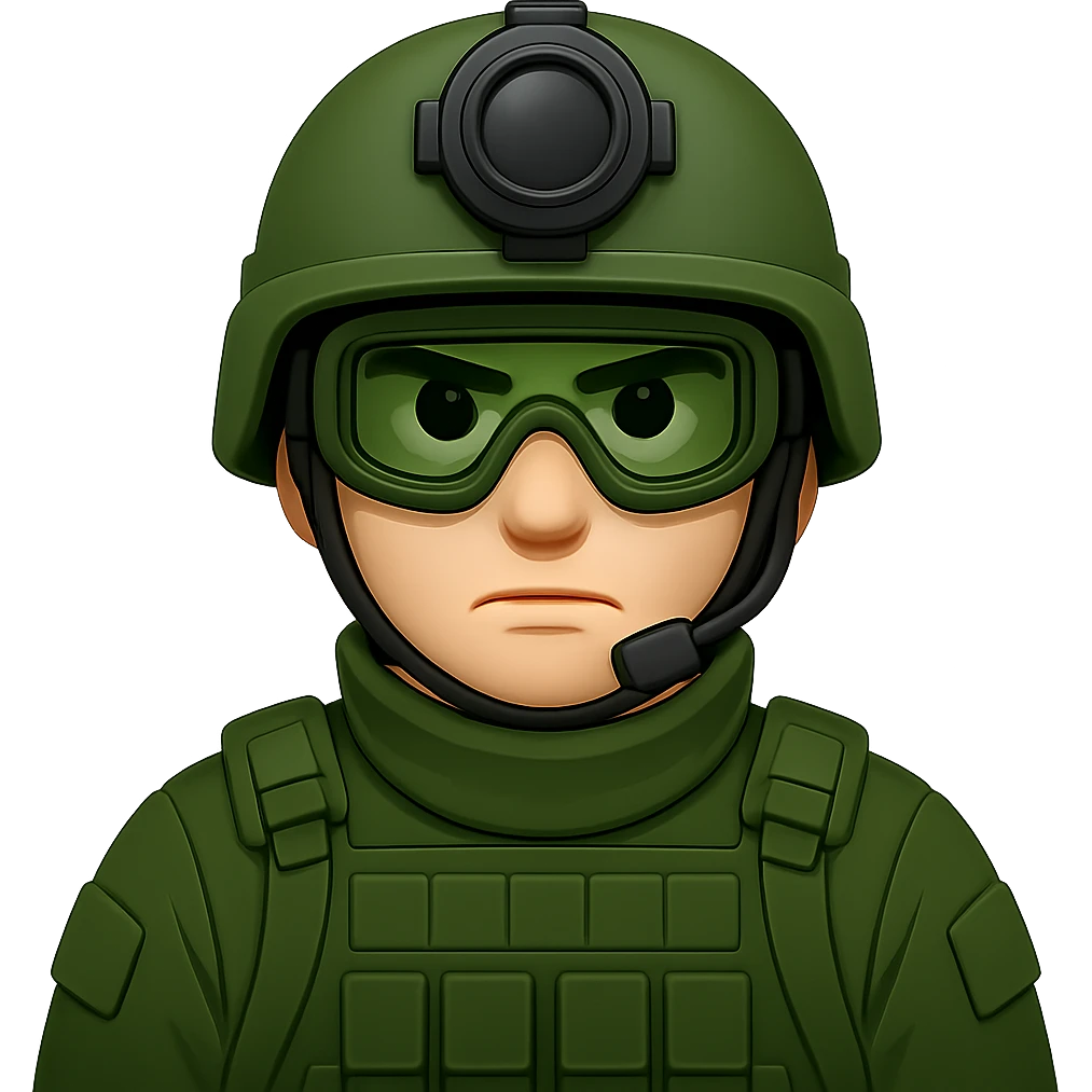 Make the white-skinned male soldier look even cooler and more intimidating, wearing stylish green gear, a distinctive modern helmet, and night vision goggles. Render in emoji style with no background (transparent). emoji