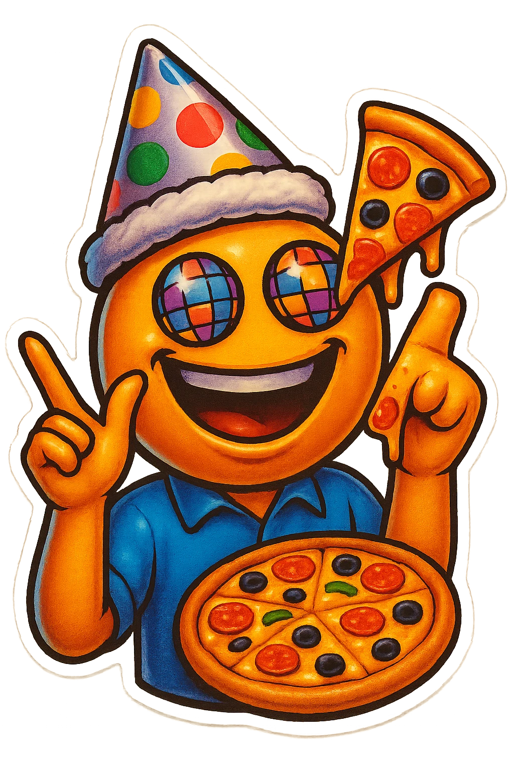 Make the left hand clearly form a finger gun gesture, while keeping the rest of the emoji the same: laughing face with disco ball eyes, tilted party hat, and holding pizza in the other hand, with no background. emoji