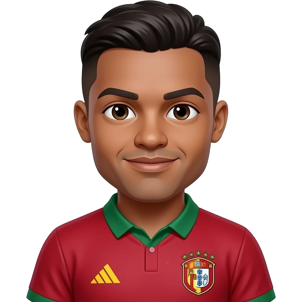 A black man with Messi hair and a Ronaldo top what is red and green the cheeks a little chubby emoji