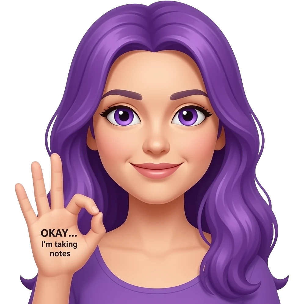 sexy girl with long purple hair and purple eyes holding a OKAY... I'm taking notes sign emoji