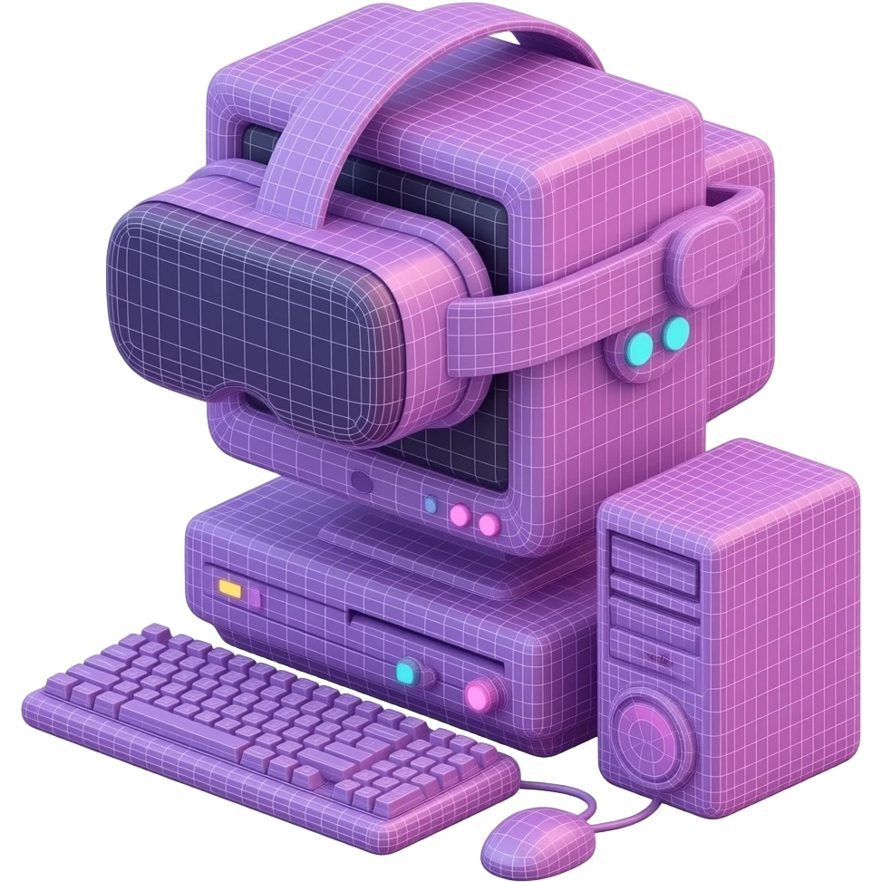 vaporwave 3d wireframe, VR, AR, quirky, unique, computer, pink, purple, aesthetic emoji