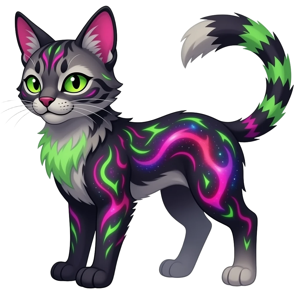 Colorful dark neon-lime-green with neon-magenta, pastel-rose-pink iridescent nebulae gloomy edgy spooky evil tropical ruby exotic cute cool beautiful shiny beautiful fantasy-caracal-civet-genet-sergal-vernid-serval-Gryphon-Cacomistle-Trico-oncilla-animal-Fakémon-hybrid-fursona (full body) emoji