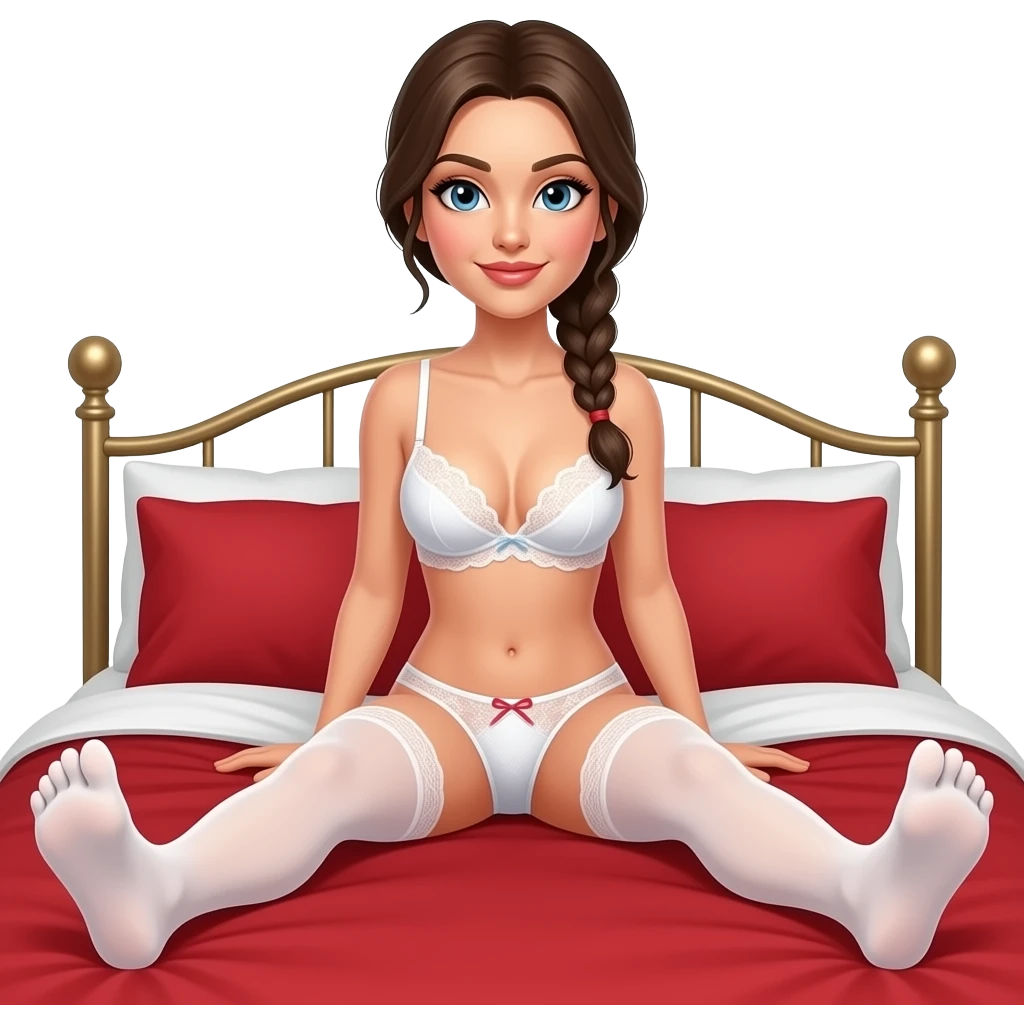 woman, in lacy white bra and thong, white hold ups, braided ponytail, sitting on red bed, lifting feet, legs apart, showing toes emoji