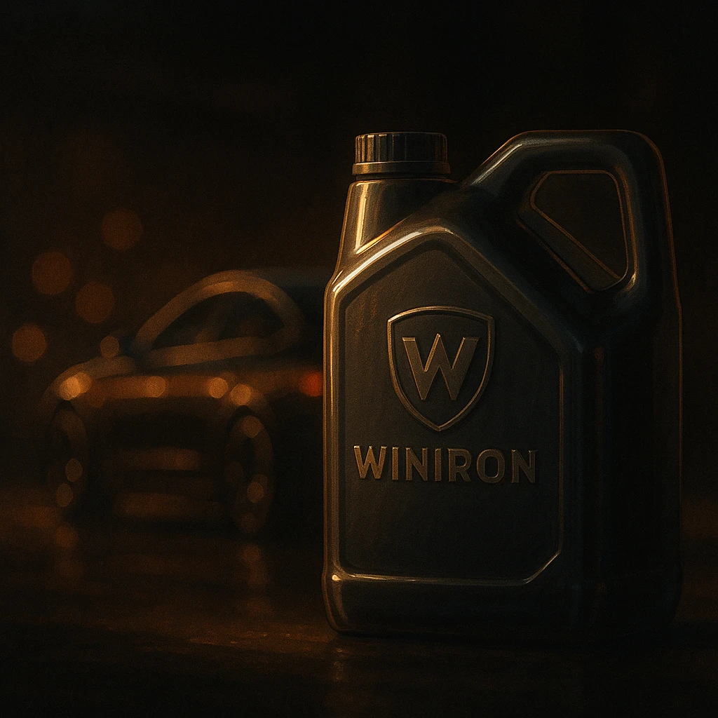a premium dark moody automotive scene. A Winiron motor oil container stands in the foreground, illuminated by soft golden rim light. Background is a luxury car silhouette with warm reflections, blurred bokeh lights, and deep shadows. Add subtle metallic shine, glossy highlights on the container. Composition should feel cinematic, expensive, and powerful. No text, no distortions, keep the Winiron logo original. emoji