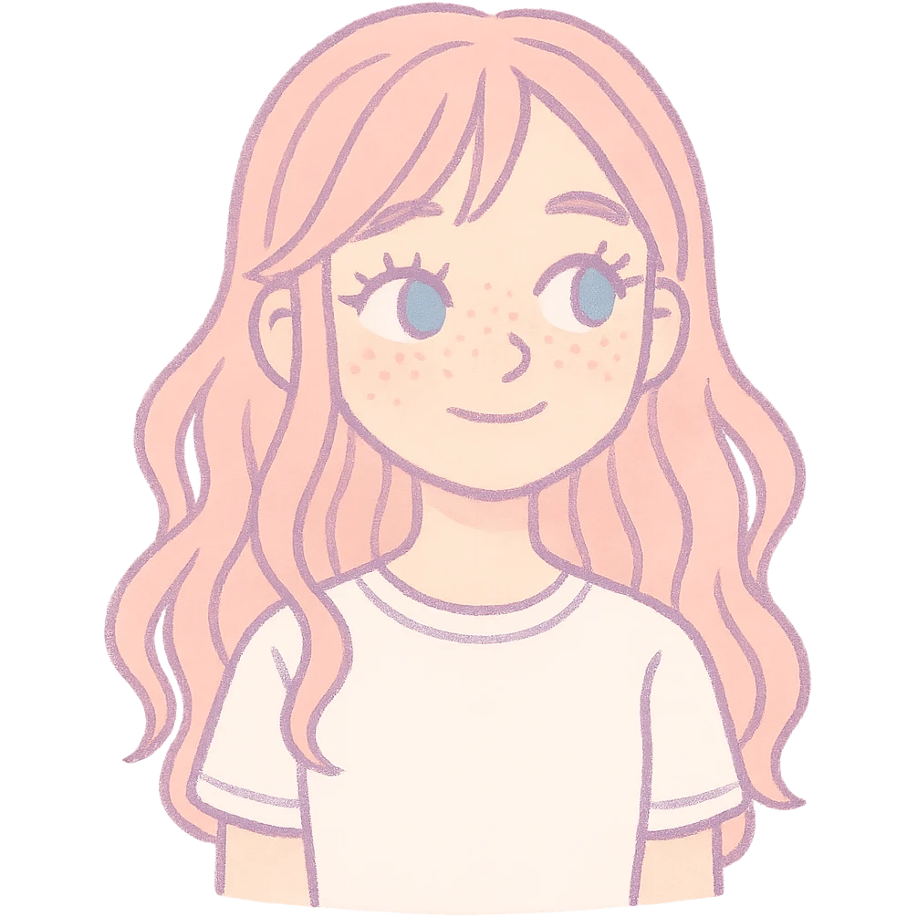 pastel-toon style adolescent girl with long wavy hair, freckles, long eyelashes, white top, no background emoji