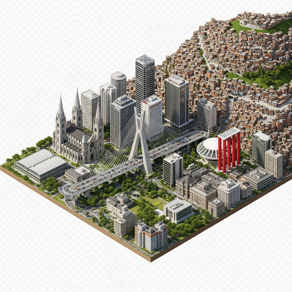 Isometric miniature of São Paulo Catedral da Sé, MASP on red pillars, Octávio Frias Bridge, and Altino Arantes building, favelas on hillsides, dense chaotic urban blocks, and green parks 3D miniature effect and Tilt Shift effect, no cartoonish look, transparent background. emoji