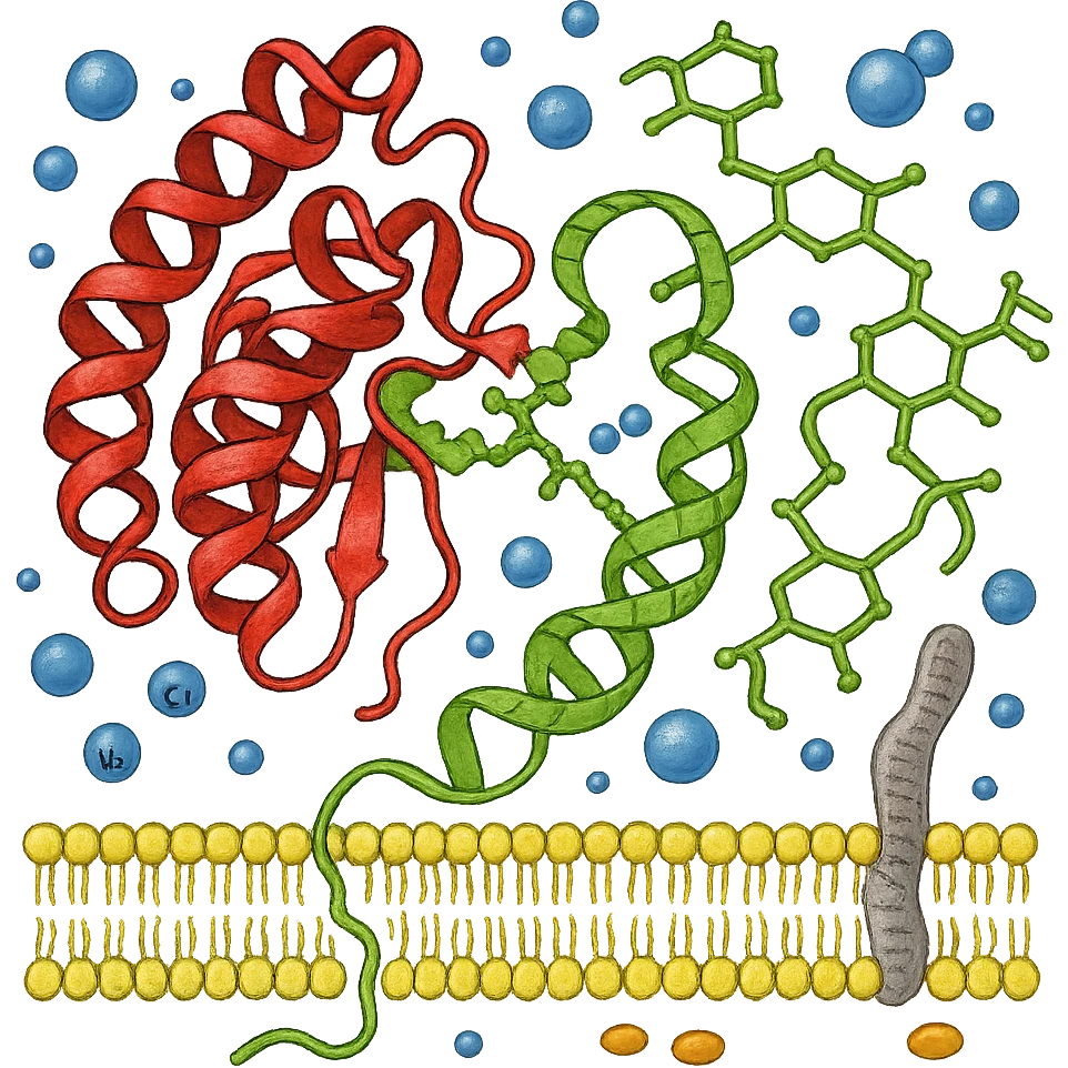 Ultra-realistic scientific illustration of enzymatic starch digestion at the cellular level, rendered in textbook-accurate detail. Show:

Multiple amylase enzyme molecules (red, with clear tertiary structure showing alpha-helices and beta-sheets) actively cleaving
Starch polymers (green amylose/amylopectin with accurate glucose unit linkages - α(1→4) and α(1→6) branches)
Cell membrane segment (yellow phospholipid bilayer with integral proteins and cholesterol molecules)
Reaction environment (blue water molecules, ionic interactions, pH-sensitive groups)
Molecular interactions (hydrogen bonds, substrate-enzyme transition state, electron cloud textures)
Technical Specifications:

Background: Pure white (#FFFFFF)
Accuracy: PDB-level structural correctness (reference 1SMD for amylase)
Exclusions: No labels
Special Details to Include:

Catalytic triad (Asp197, Glu233, Asp300) in amylase active site
Starch helix distortion during hydrolysis
Membrane protein channels for glucose transport emoji