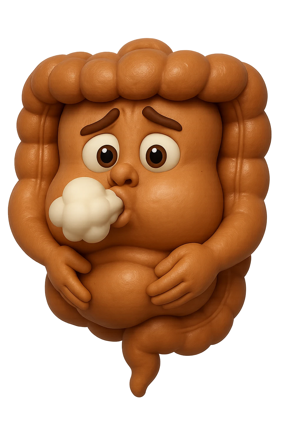 emoji stile iphone di un intestino che ingoia una nuvoletta di aria ben visibile e gli si gonfia la pancia, iperrealistico 4k emoji