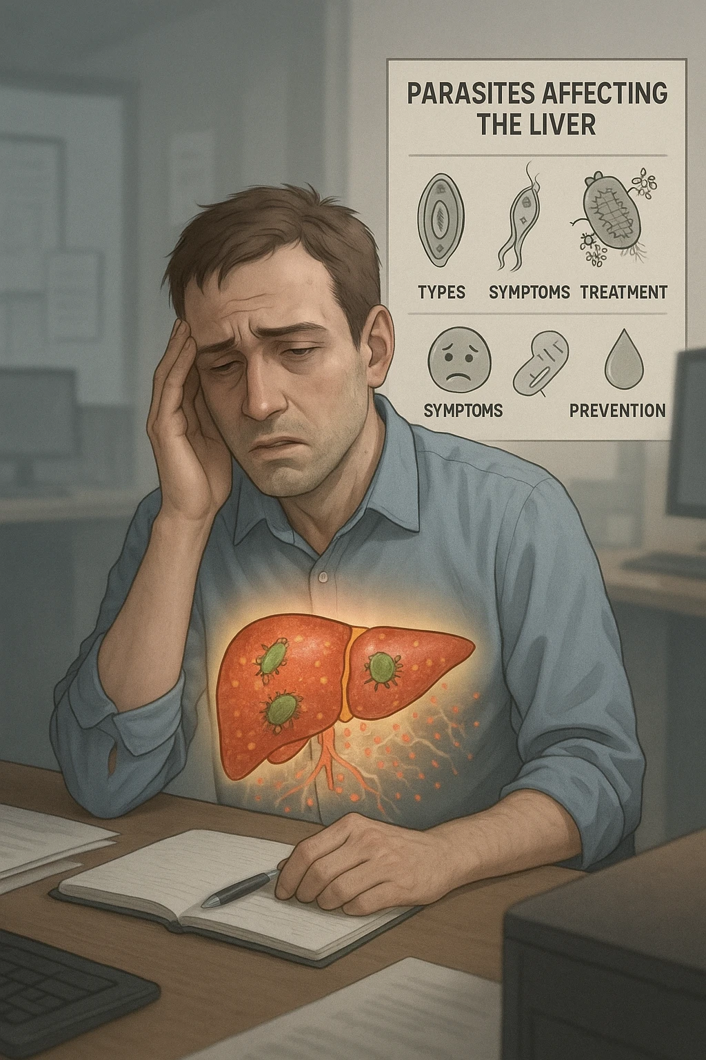 Man sitting at office desk experiencing subtle symptoms of liver dysfunction, upper abdominal pain, nausea, and unexplained fatigue Parasites: Types, Symptoms, Treatment & Prevention, expression of confusion about vague health issues, liver shown in transparent overlay with early inflammation, toxins beginning to accumulate in bloodstream, productivity declining as liver struggles to filter properly emoji