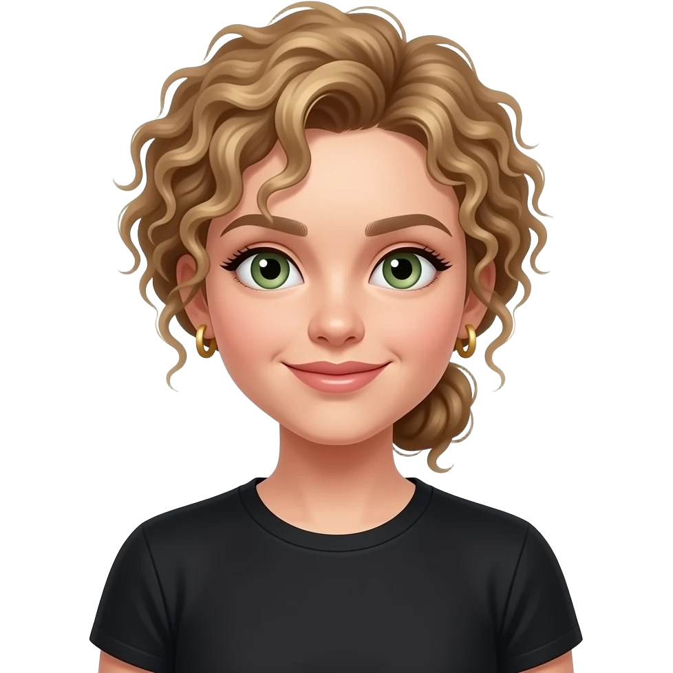 Create a fair girl with super curly hair and sage green eyes and curly dirty blonde hair, and give her gold small hoop earrings, curlier hair, and give her some lip gloss, and give her a black t shirt, and make her smile a little bit, and pull her hair back a little bit into a low bun emoji