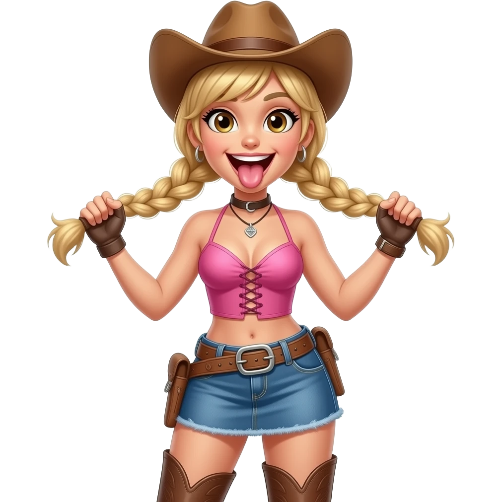 Brown eyed sexy cowgirl with large open mouth, tongue sticking out, blonde hair in tight braided pigtails in a pink strappy top, short denim skirt and over the knee boots. And holding pigtails with hands emoji