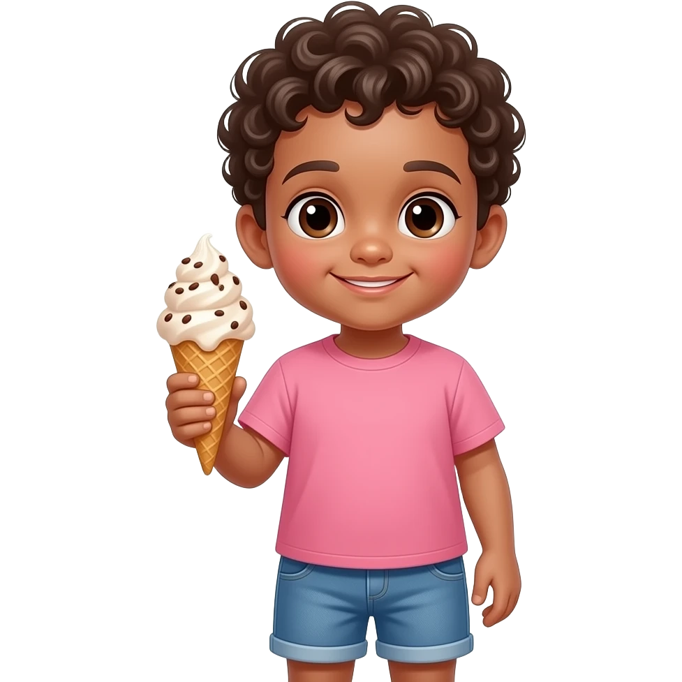 Create a child wearing a pink shirt, short curly hair, short pants, holding a coconut ice cream cone emoji