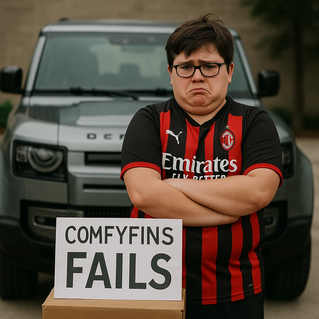 A slightly overweight child entrepreneur with glasses, wearing an AC Milan jersey, standing before a Land Rover Defender, appearing upset as his company 'ComfyFins' fails emoji