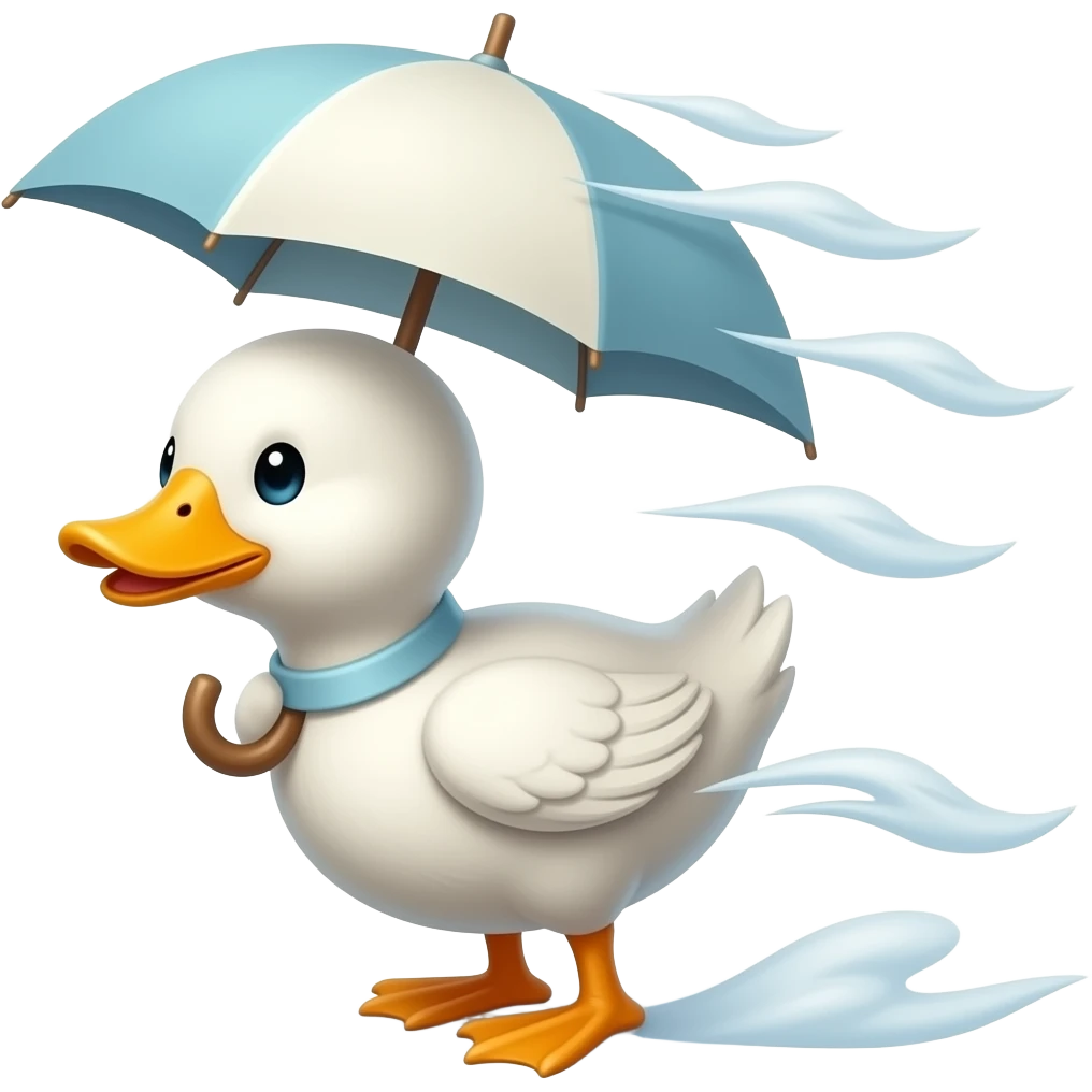 a white cute duck balanced by a parasol in the air blown by a gust of wind emoji