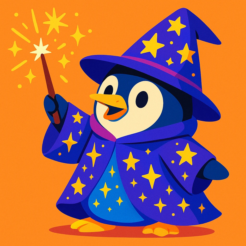 vibrant style penguin wizard casting a spell, with sparkles and a starry robe emoji