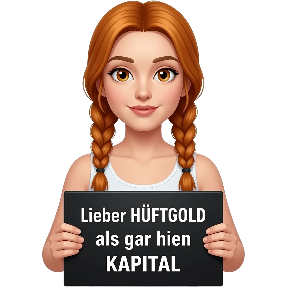 sexy girl with long ginger braids and ginger eyes wearing a white tanktop is holding a black sign with Lieber HÜFTGOLD als gar kein KAPITAL written on it emoji