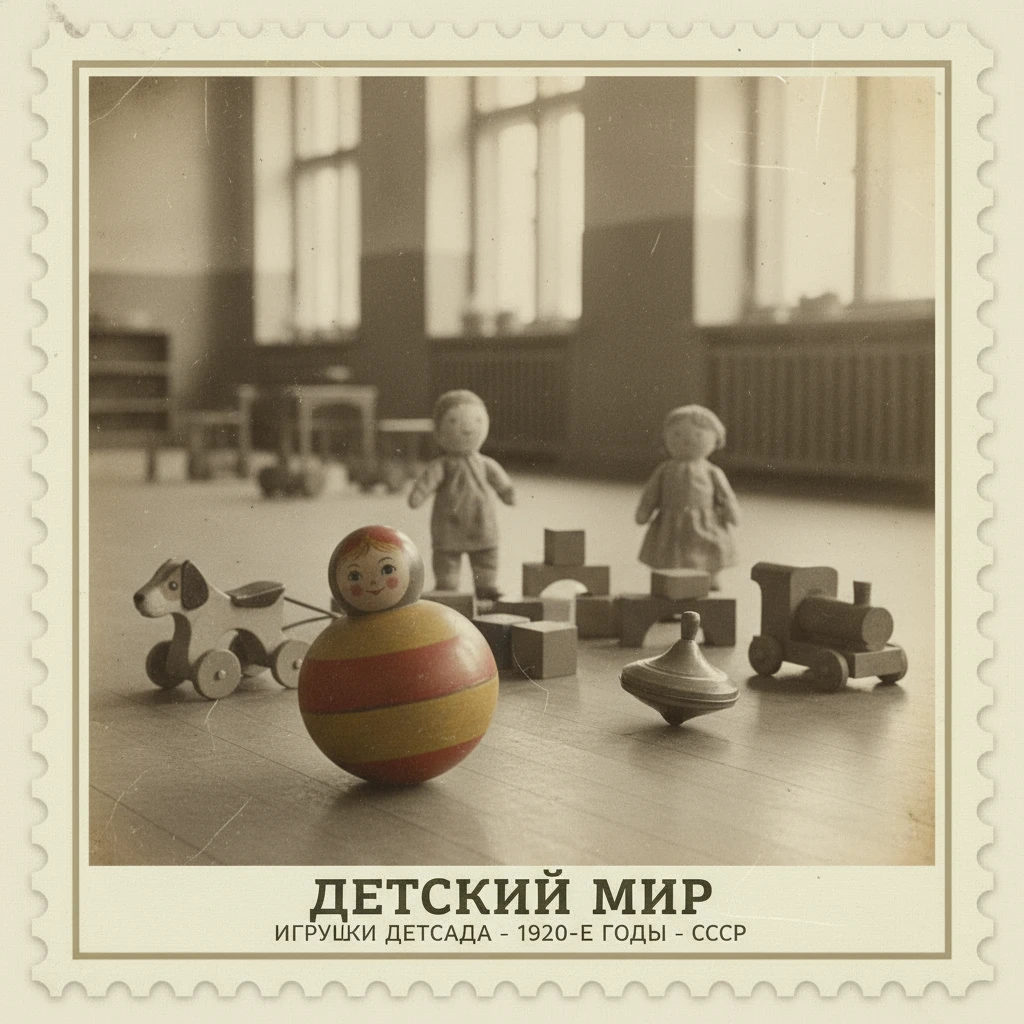 Сделай марку на которой изображены игрушки детского сада, на первом плане - неваляшка 1920-х годов

Стиль марки такой же, как на прикрепленном фото emoji