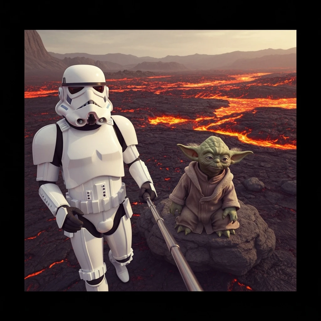 Camera POV, Starwars stormtroopers vlogging selfie, he is walking on lava planet with yoda emoji