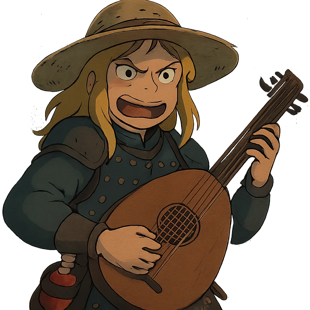 A female bard , blond hair, wearing brigandine armor with a sturdy straw hat, playing a fat medieval lute and singing, night time shadows, tool belt with red potion and bandages, portrait , mischievous grin, anger emoji