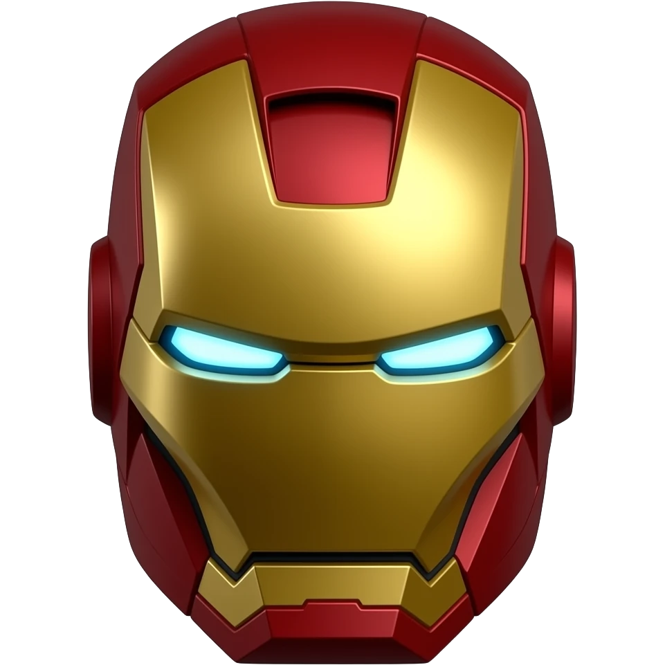 a close-up Mark LXXXV (Endgame) helmet, using vibrant crimson red and polished gold, glowing light blue arc reactor eyes, and sleek, angular, nano-tech plating lines. emoji