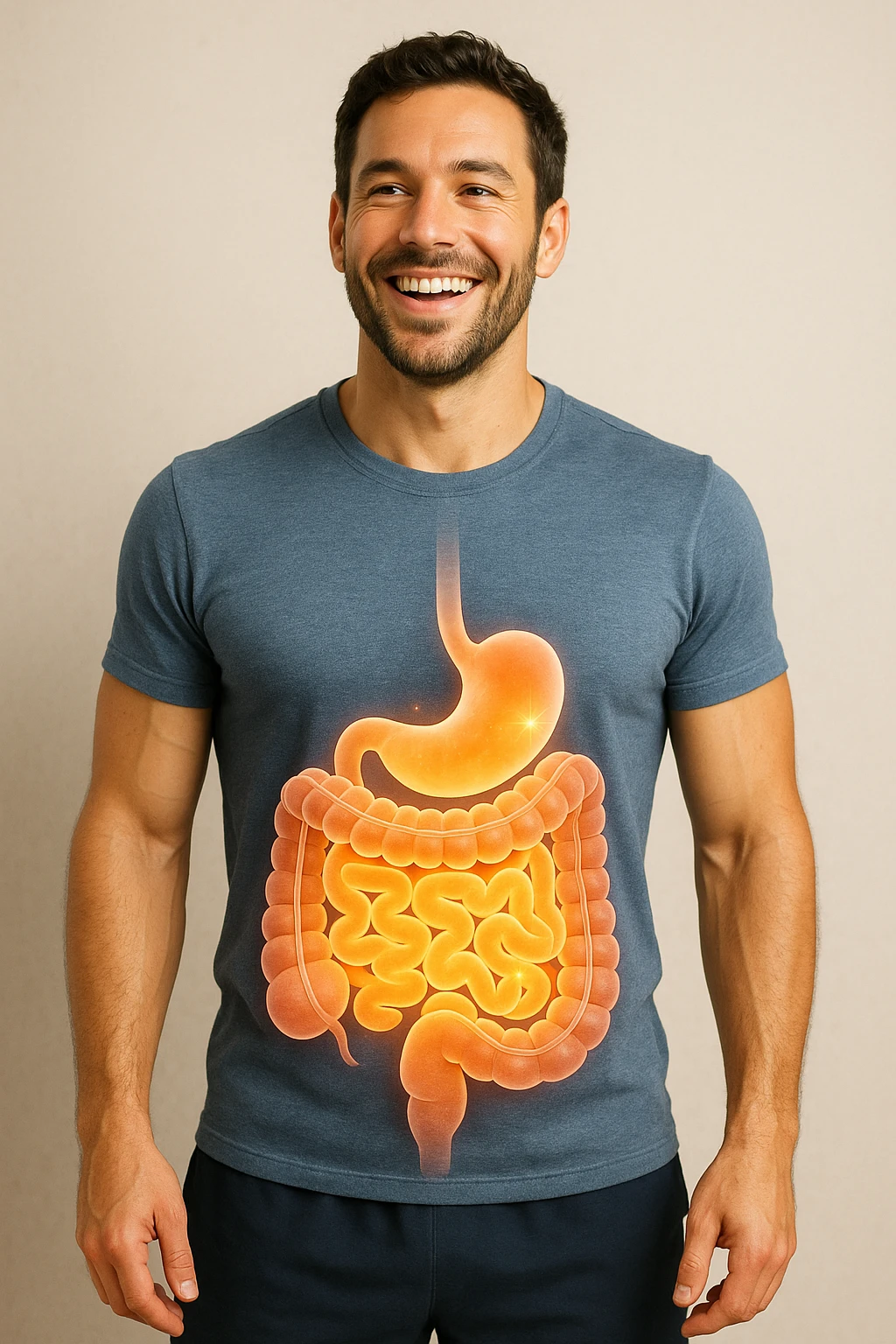 Intestino riequilibrato felice e in forma nel corpo di un uomo realistico emoji