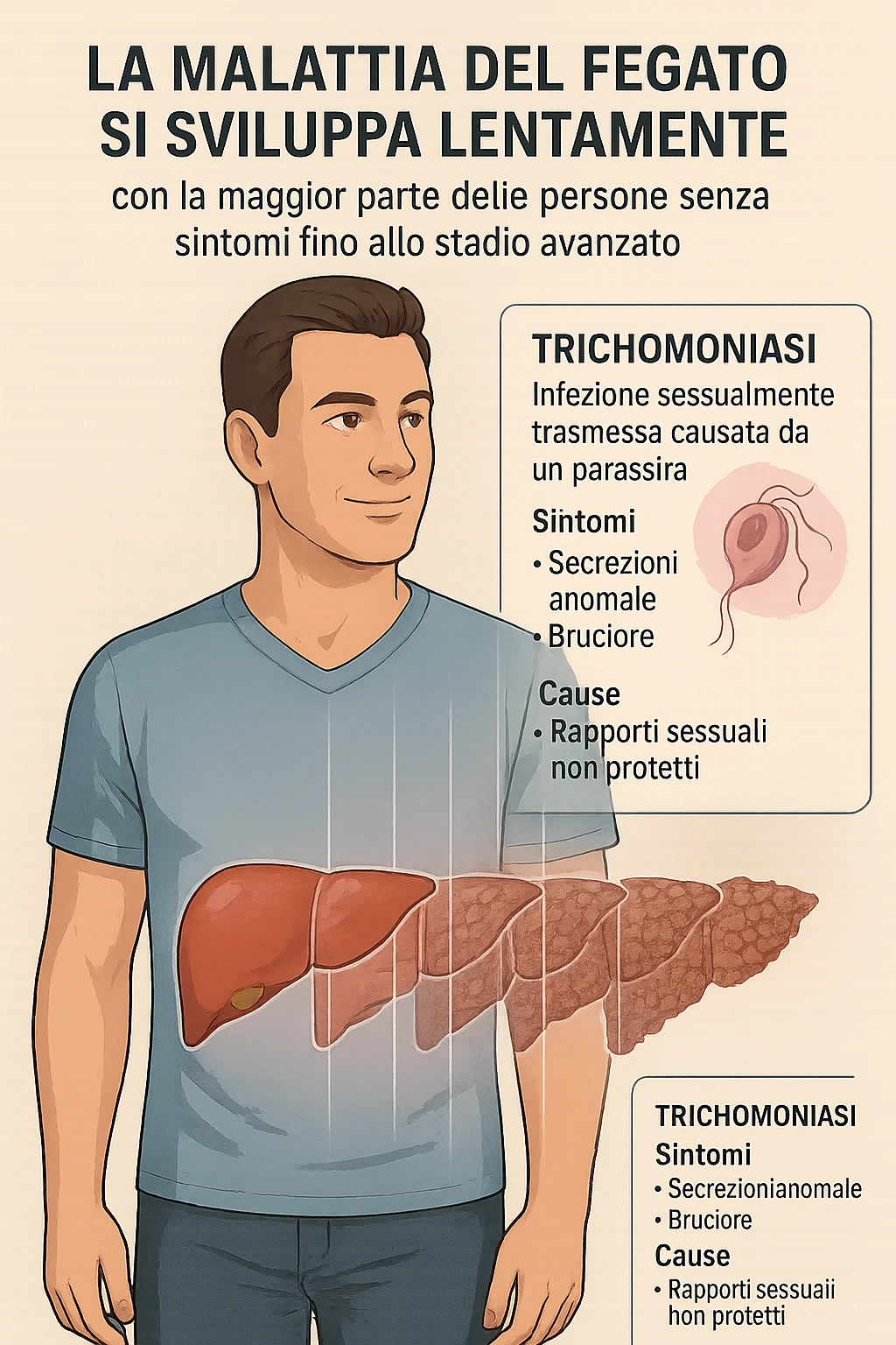 "Healthy-looking man unaware that liver disease develops slowly with most people having no symptoms until late stage A sexually transmitted infection caused by a parasite-Trichomoniasis - Symptoms & causes - Mayo Clinic, expression of false confidence in his health, transparent liver overlay showing progressive damage despite feeling normal, time-lapse visualization of gradual liver deterioration in italiano emoji