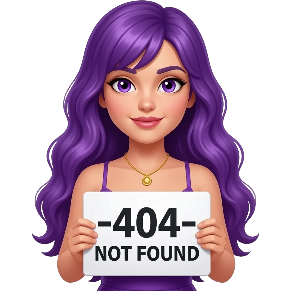 sexy girl with long purple hair and purple eyes wearing a sexy dress holding a -404- NOT FOUND sign emoji