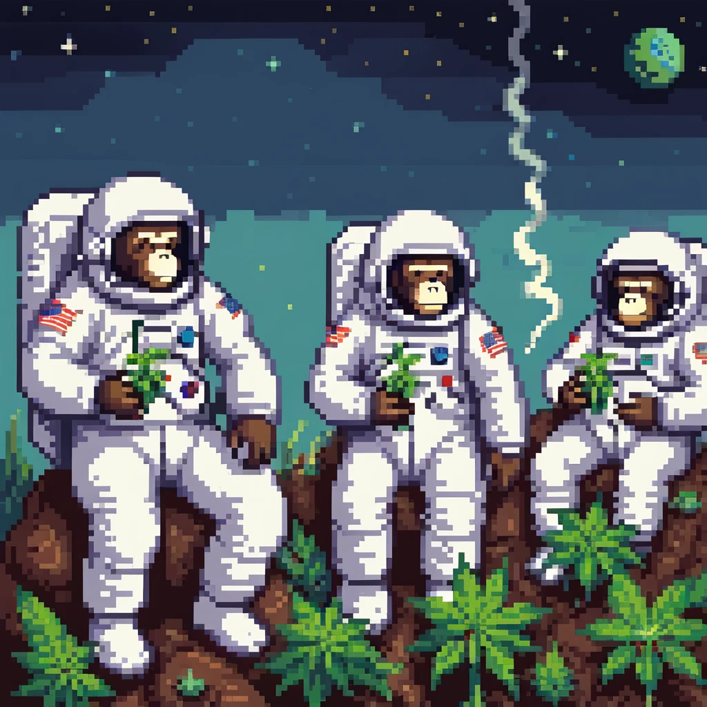 group of apes in astronaut suits floating in space smoking weed emoji