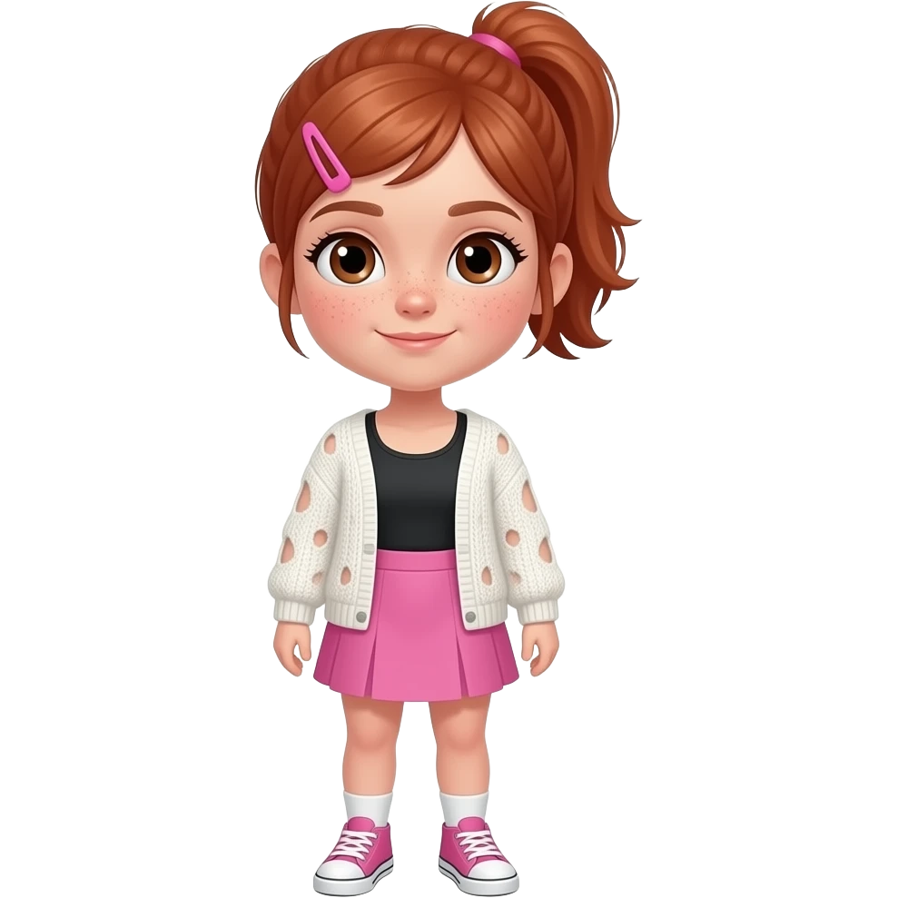 Short. Red hair with pink clip. Brown eyes. White sweater with holes. Black tank top. Pink skirt. Pink shoes. Freckles. Ponytail. 12 years old emoji
