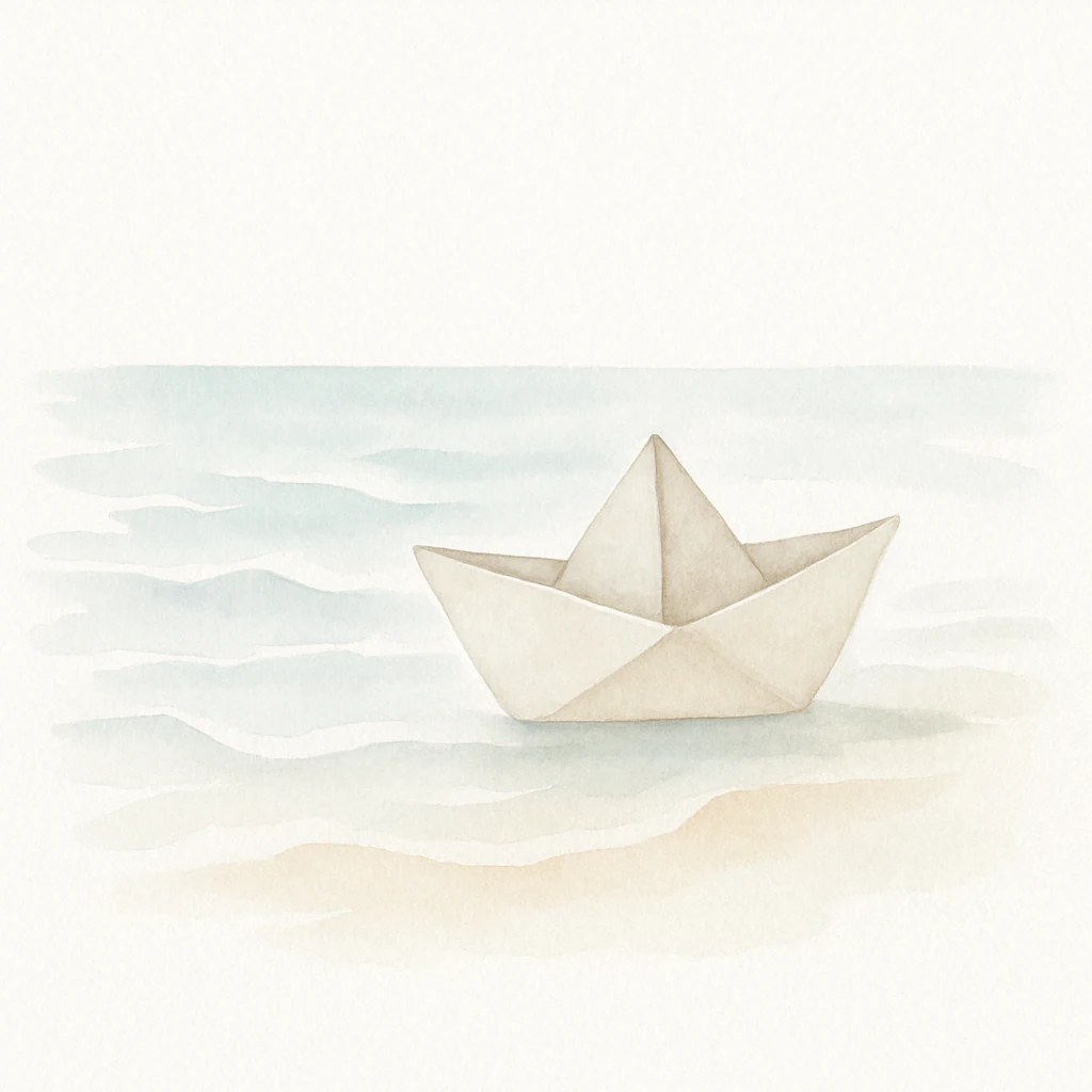 Un papirolo (barco de papel) en la orilla del mar, estilo acuarela, colores frescos, textura de papel visible, olas y arena con pinceladas sueltas. emoji