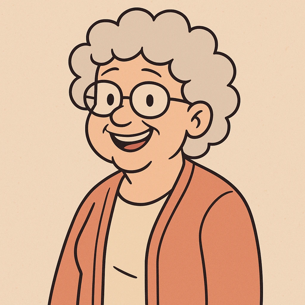 senior woman with glasses, smiling, curly hair, flat toon style emoji
