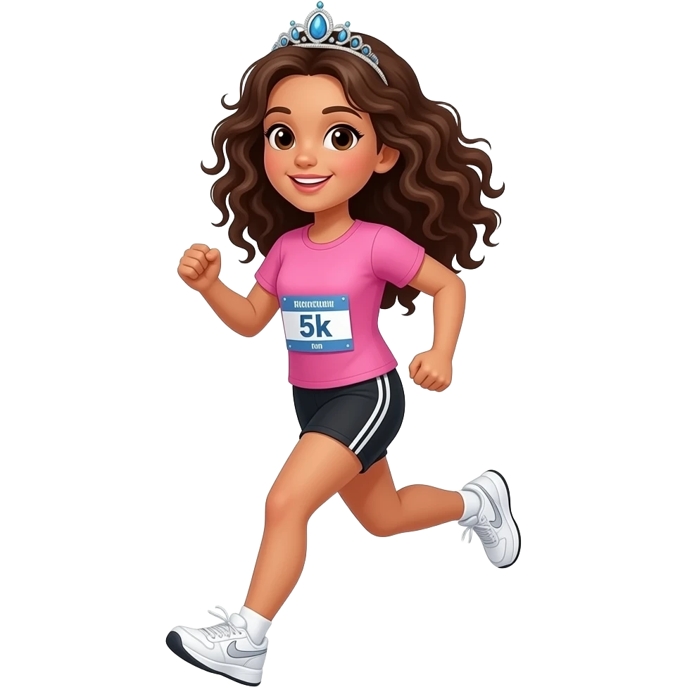 white skin girl with long dark brown curly hair running wearing black shorts, a pink tshirt, white sneakers, tiara, and 5k run bib emoji