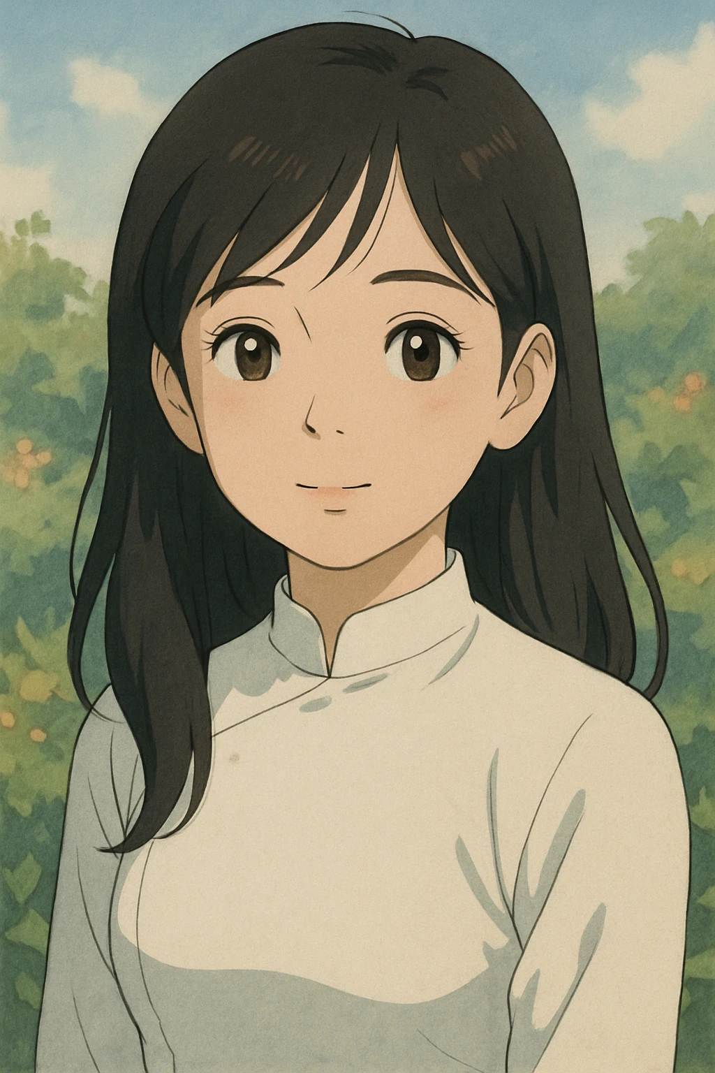 portrait of a Vietnamese girl, ghibli style, soft colors, detailed, anime inspired emoji