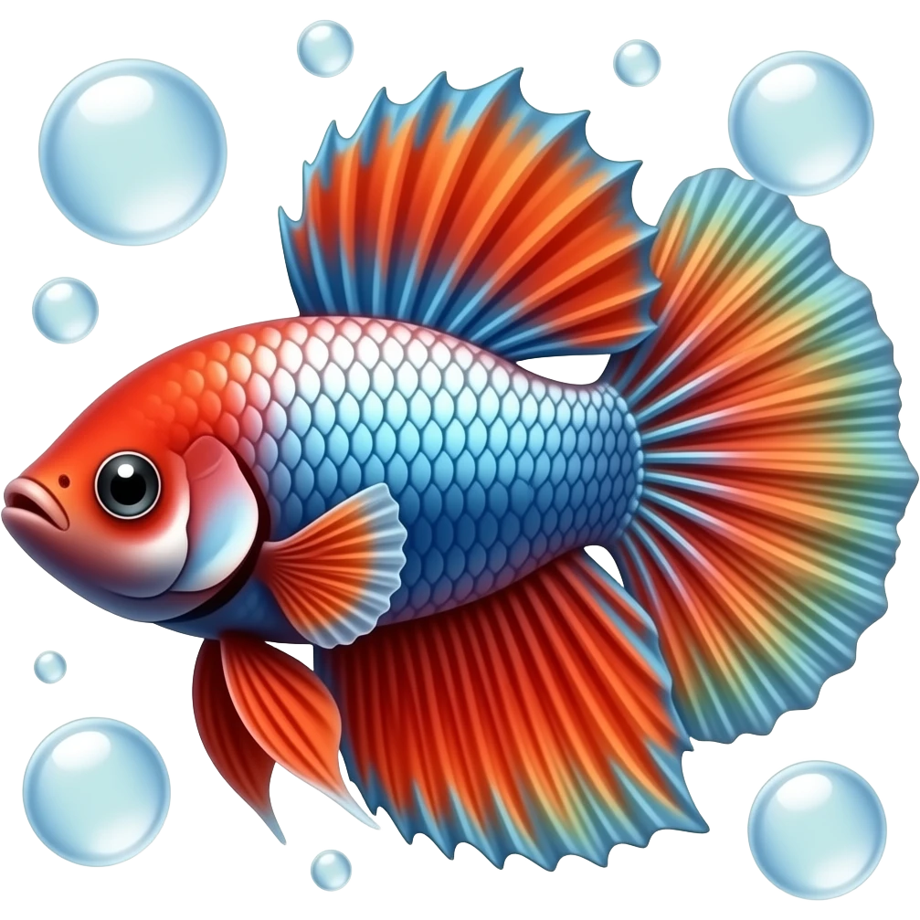 Red and orange with some really shiny blue White and green scales Betta fish and bubbles emoji