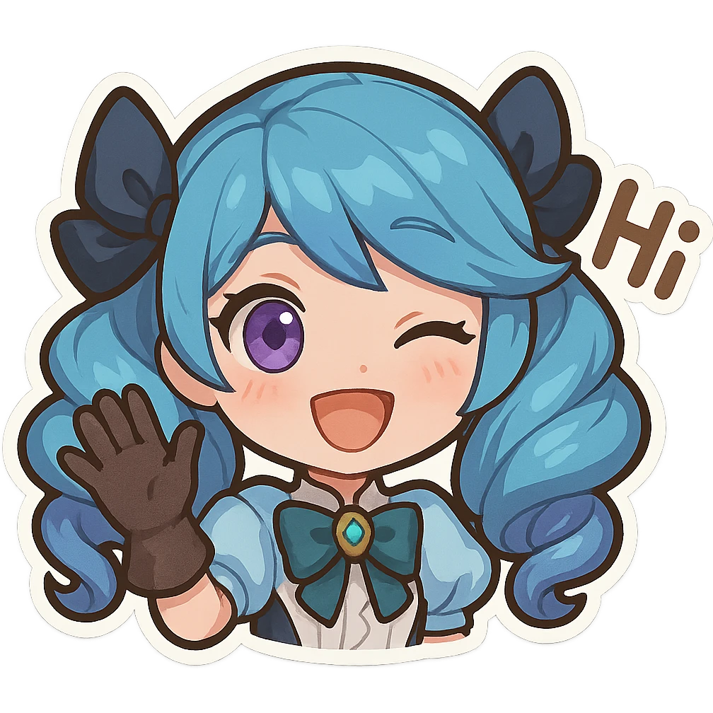 Gwen from League of Legends, chibi style, only head, right eye purple, one hand waving with glove, hi emote, big smile, no text emoji