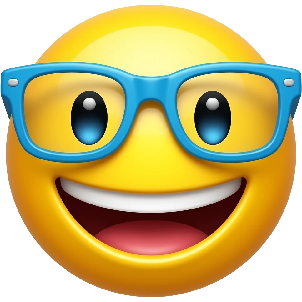 Жёлтый смайлик в синих очках, с широкой улыбкой, милый и яркий, мультяшный стиль, как стикер, чистый фон, высокая детализация emoji