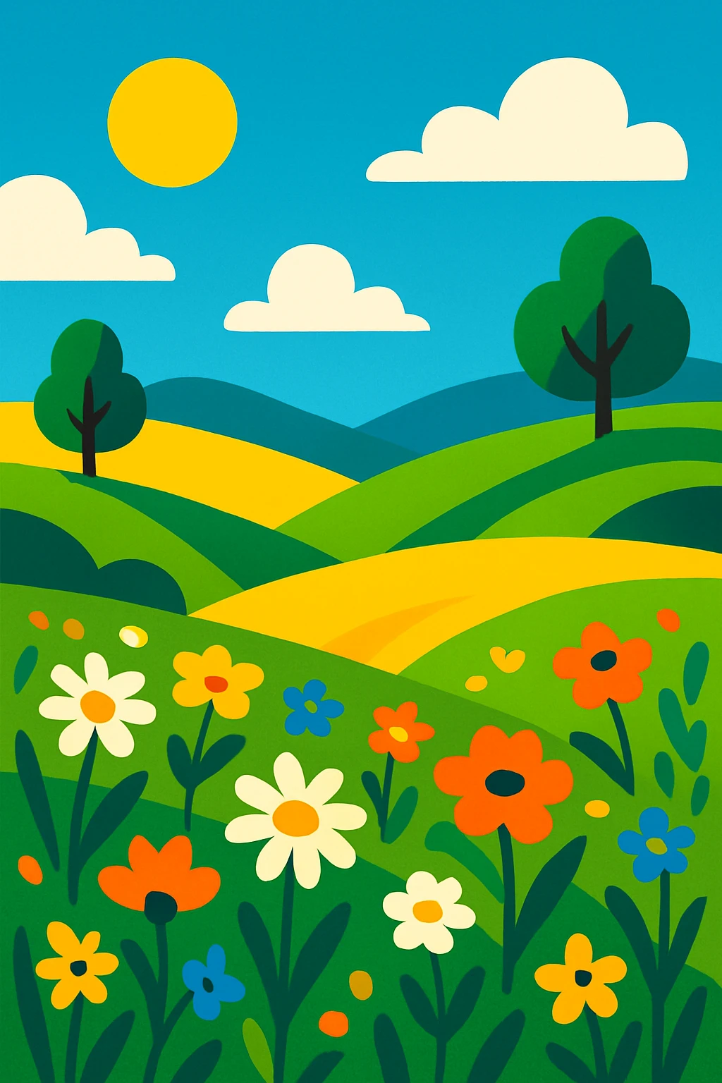 Summer landscape with rolling hills, wildflowers, and a clear blue sky, vibrant and colorful emoji