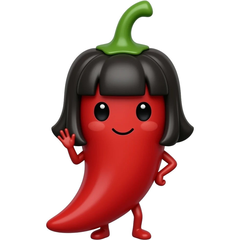 a cute red chili food with girlish face and black hair feature, with hand and leg emoji