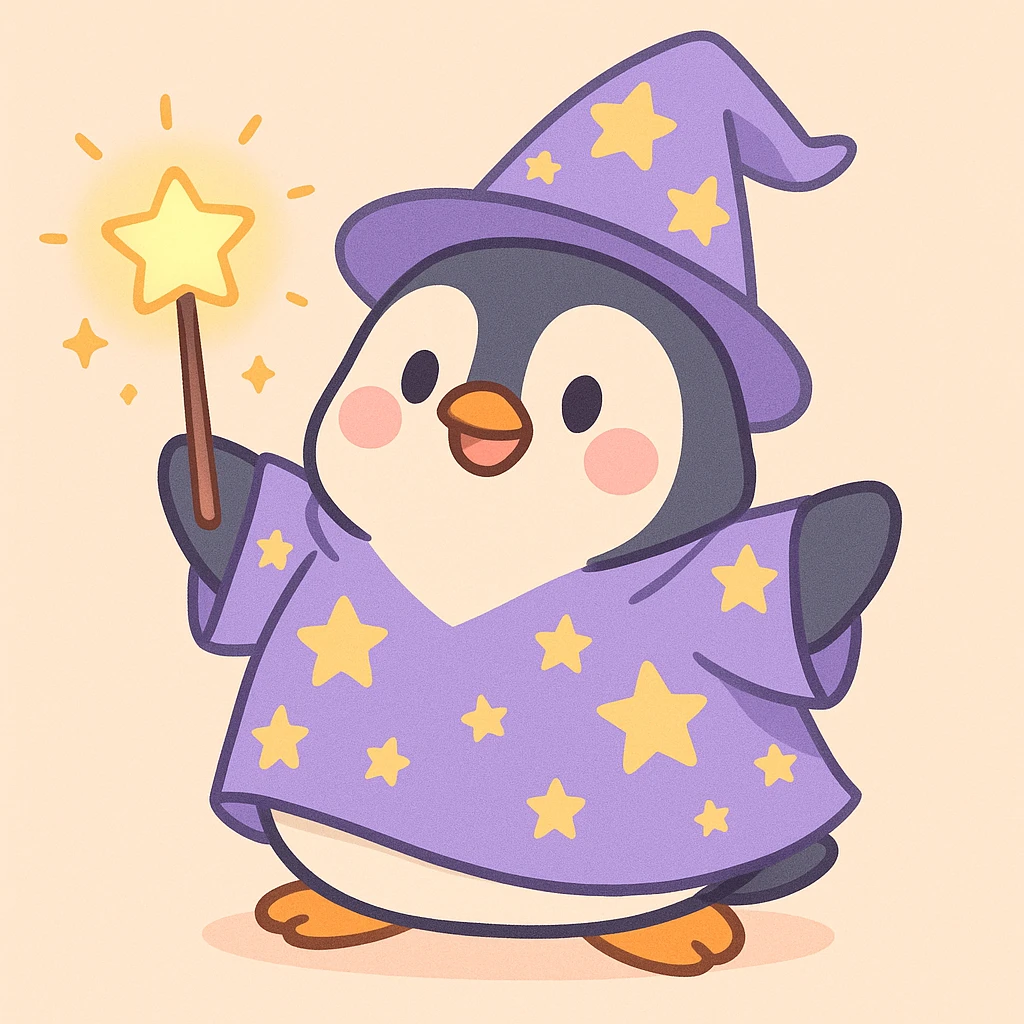 chubby penguin wizard with a starry robe and a glowing wand, soft pastel illustration style emoji