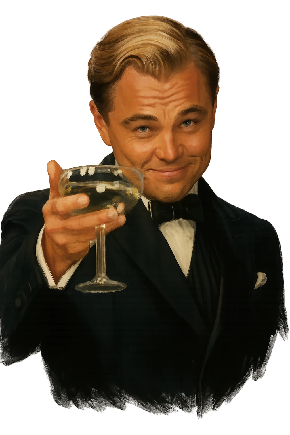 Сделай знаменитый мем с Ди Каприо из Великого Гэтсби, слегка рисованный, но при этом реалистичный объемный стиль, прозрачный фон emoji