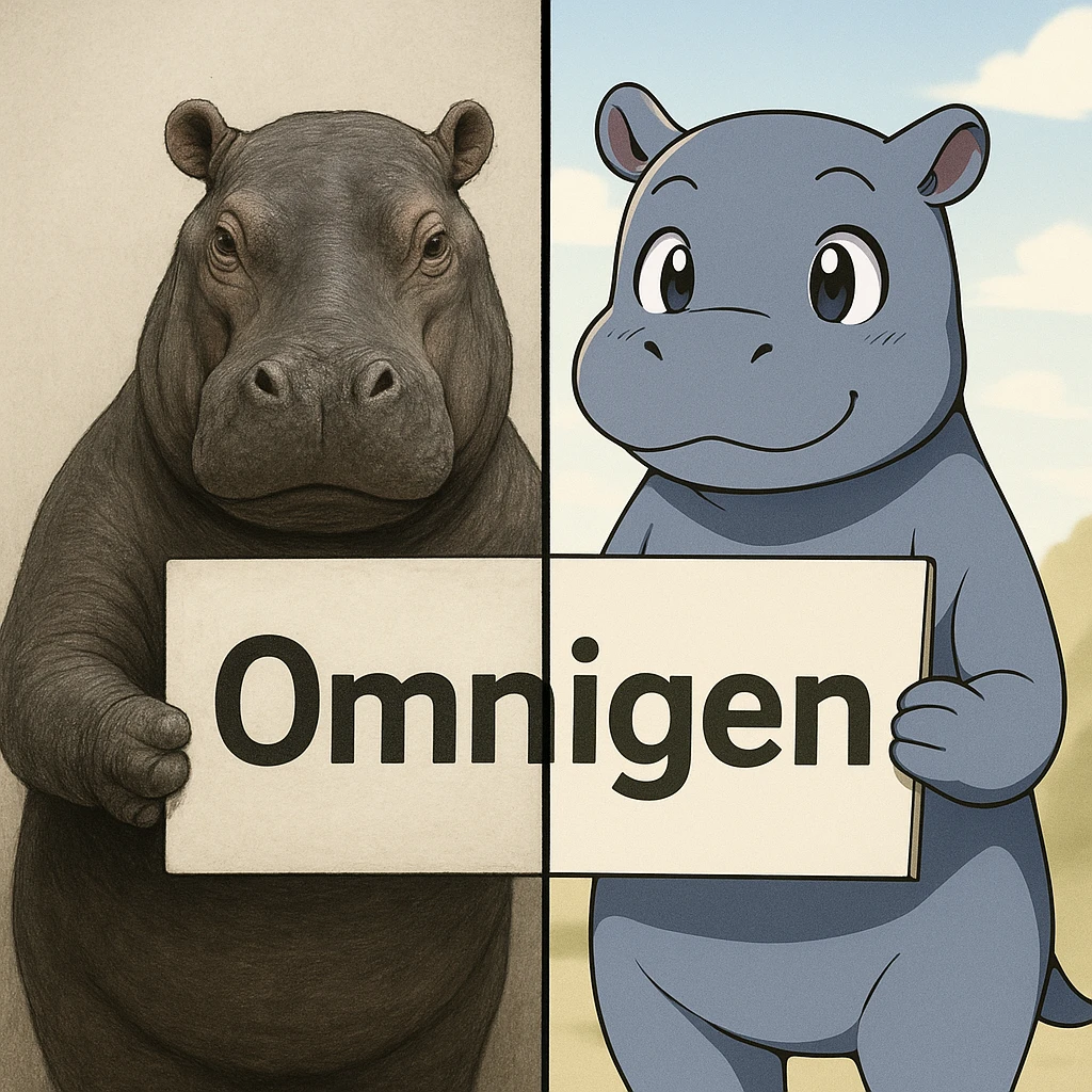 two hippo holding sign of omnigen, half picture 1 hippo is realistic another half is the anime of that same second hippo emoji