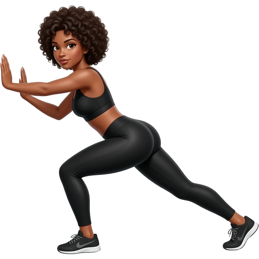 Light-brown Black woman, afro hair, wearing black sports bra and leggings, performing , full body, toned glutes and legs, strong posture, realistic fitness style, clean background, soft lighting. 
SHE PLACED HER BOTH HANDS ON THE WALL WHILE STANDING DOIMG KICKBACK WITH HER LEGS SHE STANDING STRAIGHT emoji