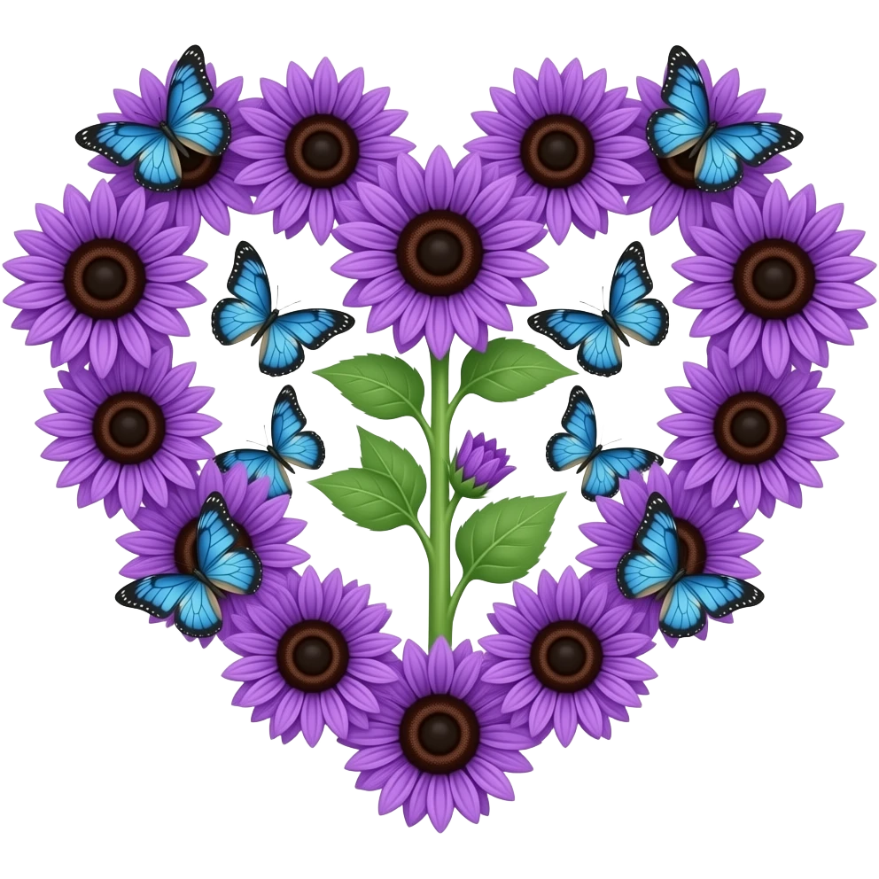 A heart of purple sunflowers with blue butterflies emoji