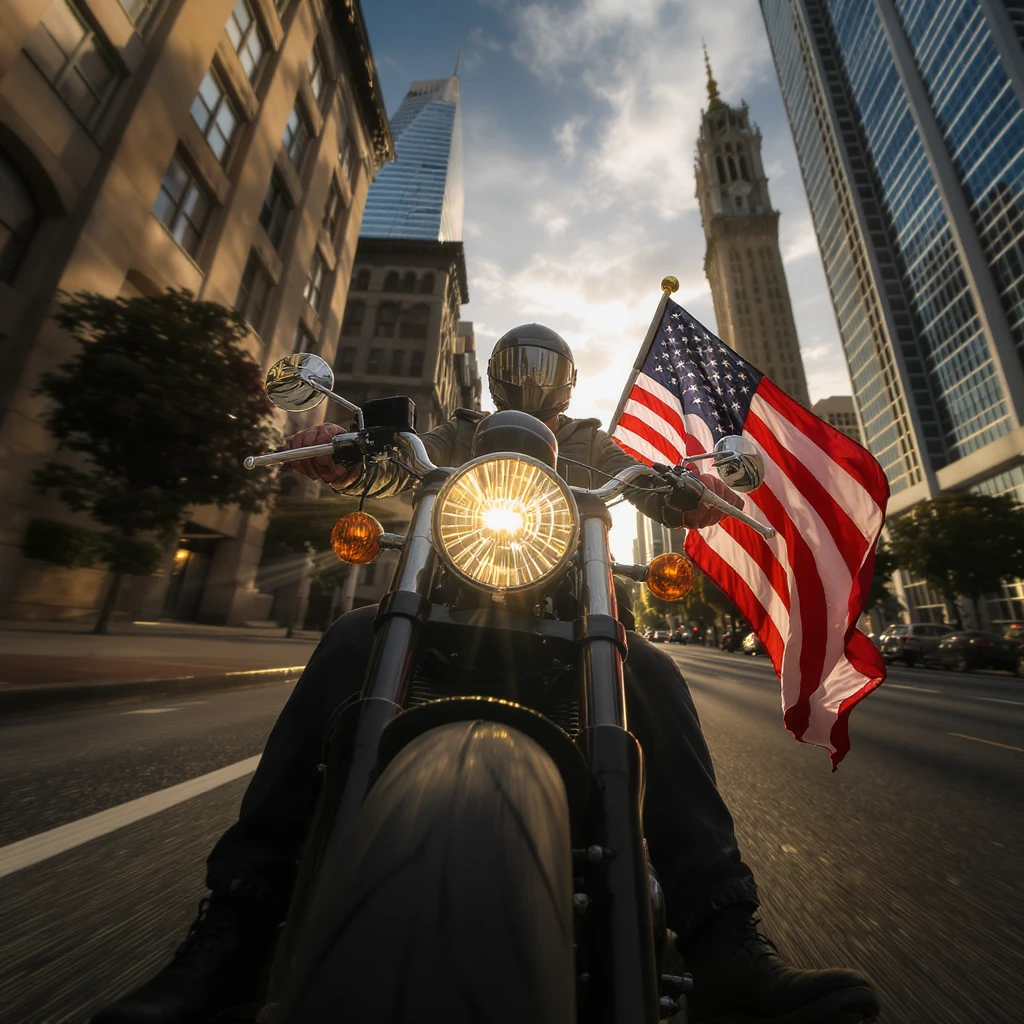 biker with flag anf bomber jacket on bike emoji