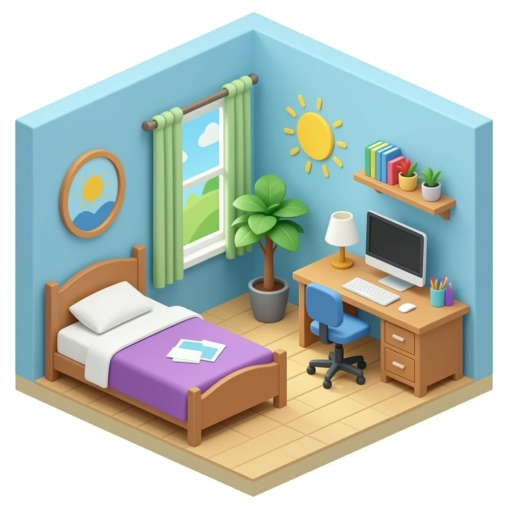 dentro de la habitacion con cama, escritorio... de dia emoji