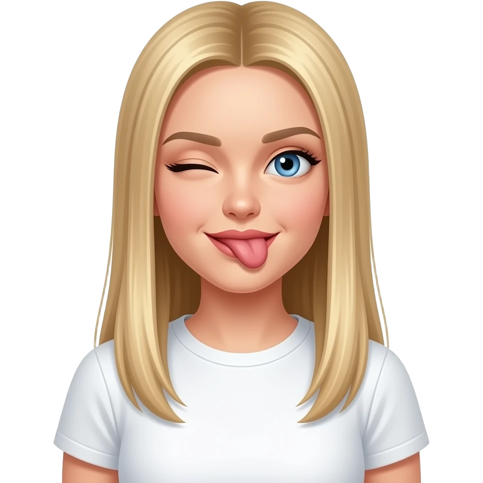 ragazza russa bionda occhi azzurri capelli lisci lunghi, occhiolino e lingua fuori  maglietta bianca emoji