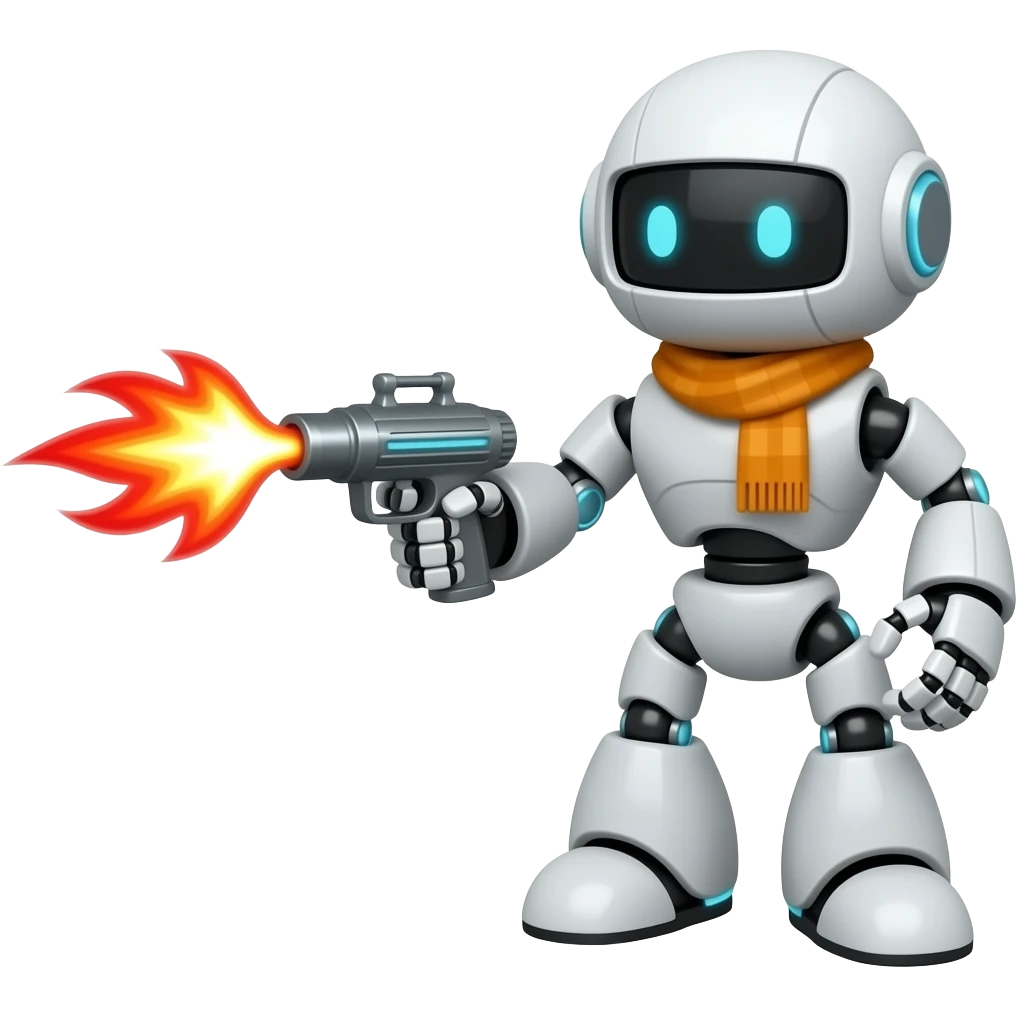 a white robot with orange scarf shooting a red flamethrower emoji