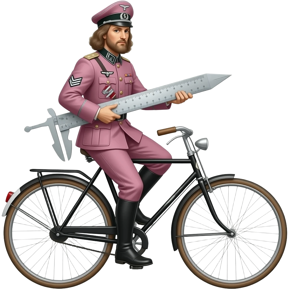 steampunk - naked Leonardo Da Vinci in a pink German World War II uniform transports the thin and serious Joan of Arc on a vélocipède, Joan of Arc carries a huge school caliper in her hands emoji